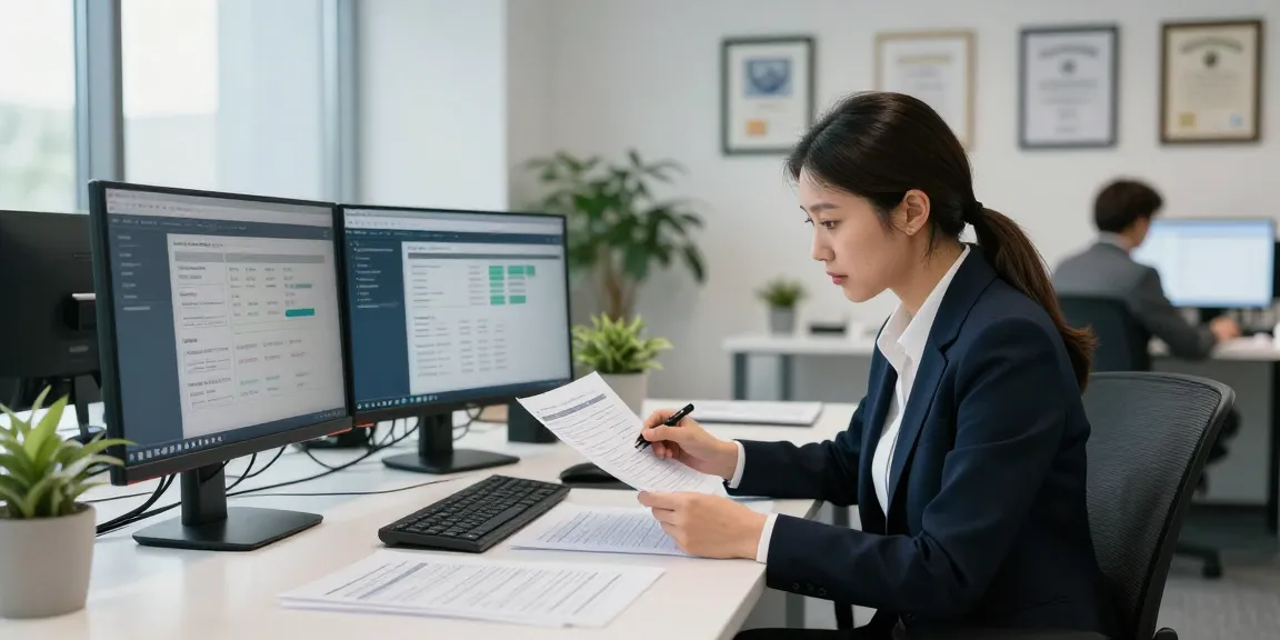 Engaged professional analyzing document fraud detection software at modern office desk.