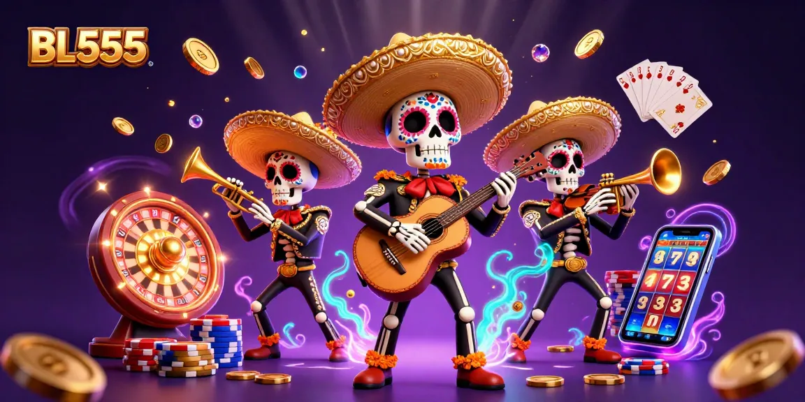 Spin to win with BL555 in this vibrant casino scene featuring a mariachi band and gambling elements.