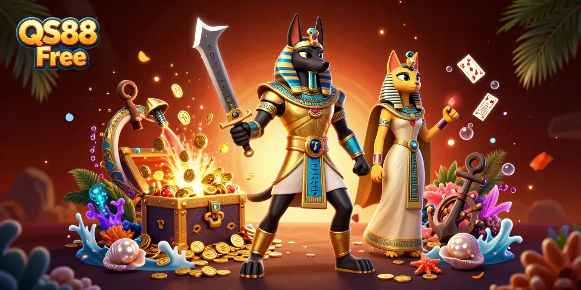 Spin the reels and discover treasures with QS88 Free at this vibrant casino illustration.
