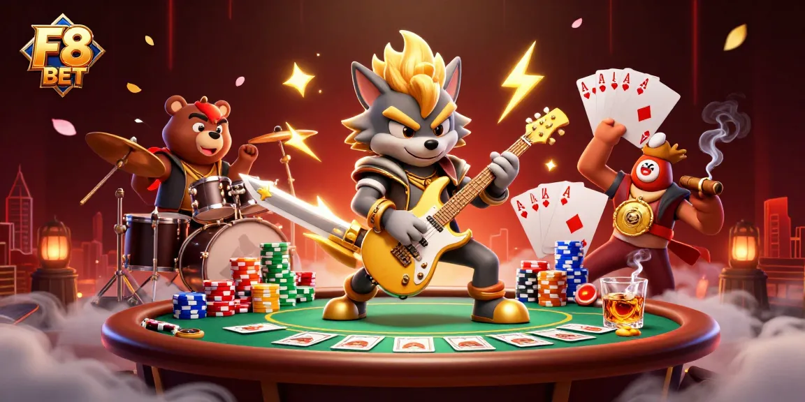 Experience the thrill of F8 BET through a lively cartoon scene depicting a rock star wolf and a drummer bear on stage with vibrant casino elements.