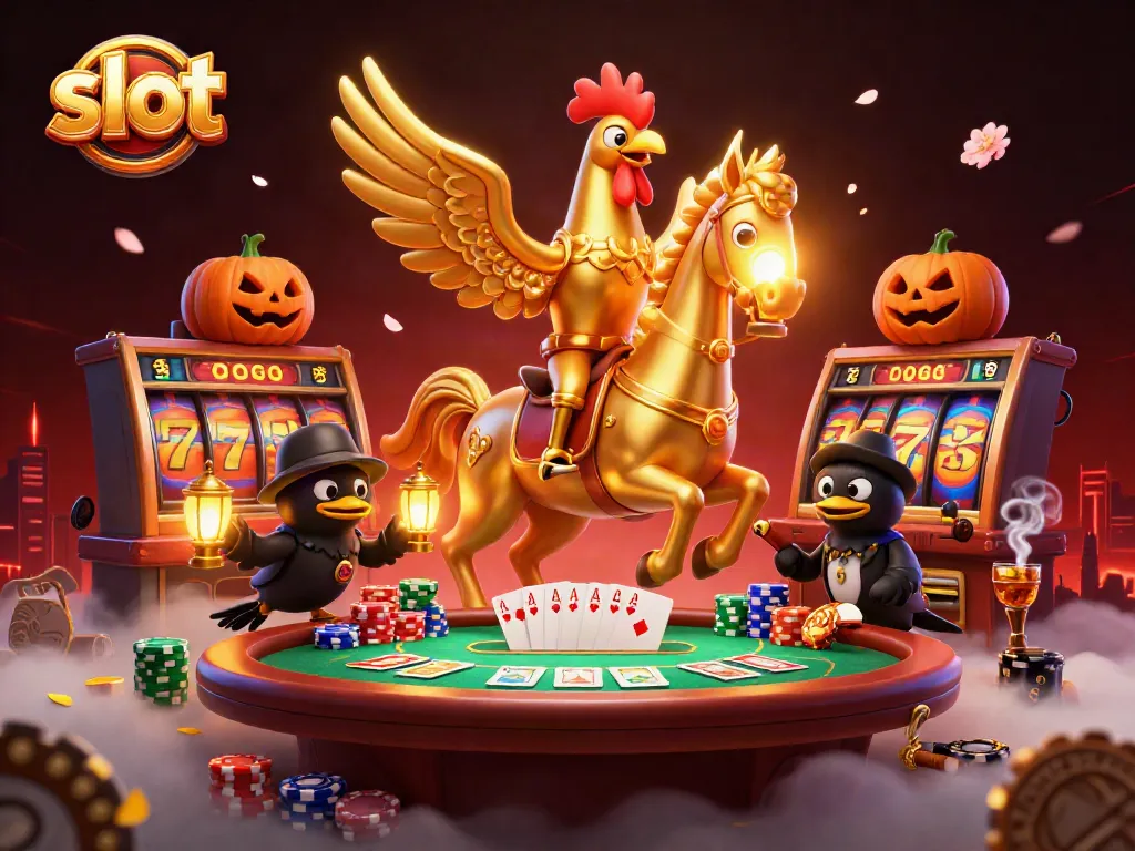 Slot memutar dengan simbol keberuntungan menyala di kasino malam yang ramai