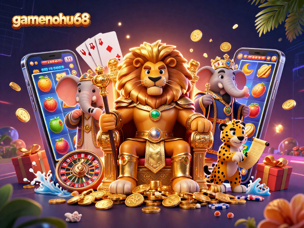 Engage with gamenohu68's exciting slot games among a vibrant casino scene filled with bonuses and action.