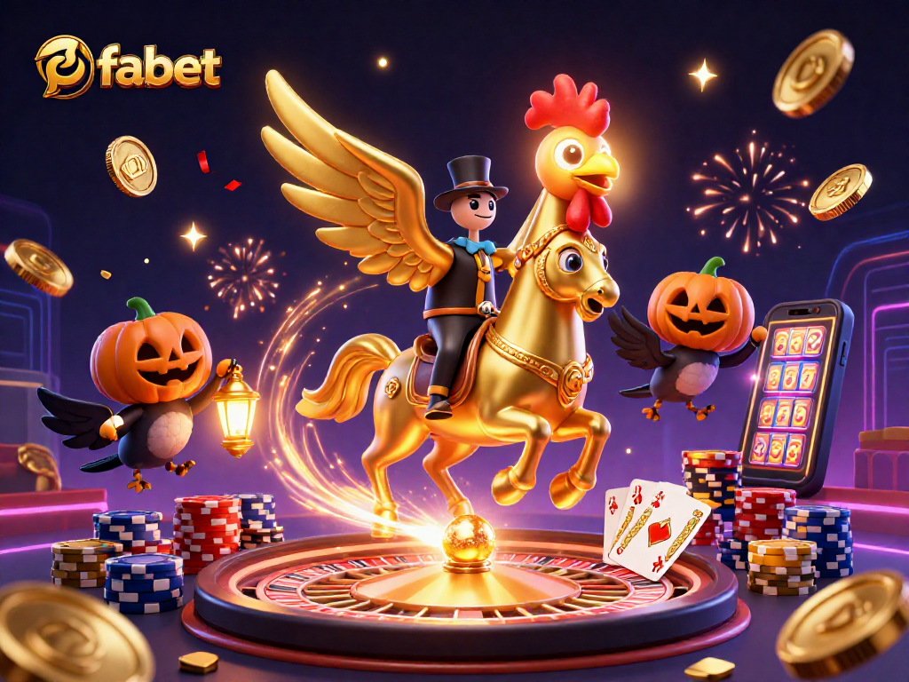 Experience the thrill of fabet with a golden rooster and friends winning in a vibrant casino scene.