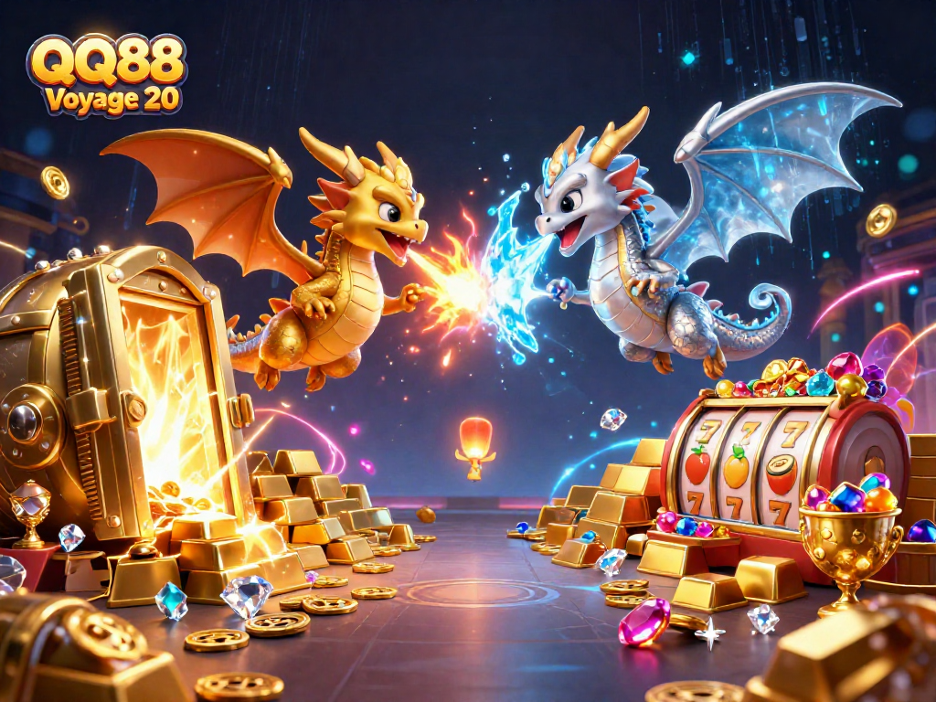 Experience thrilling adventures with QQ88 Voyage 20 as golden and silver dragons soar amidst casino treasures.