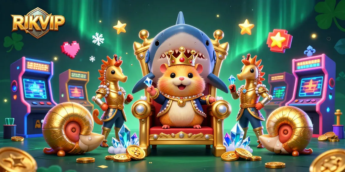 Engage with RIKVIP's latest gaming experience featuring a fierce hamster king and vibrant casino elements.