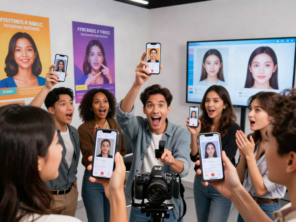 People engaged in an attractive test, showcasing AI facial analysis results in a modern studio setting.