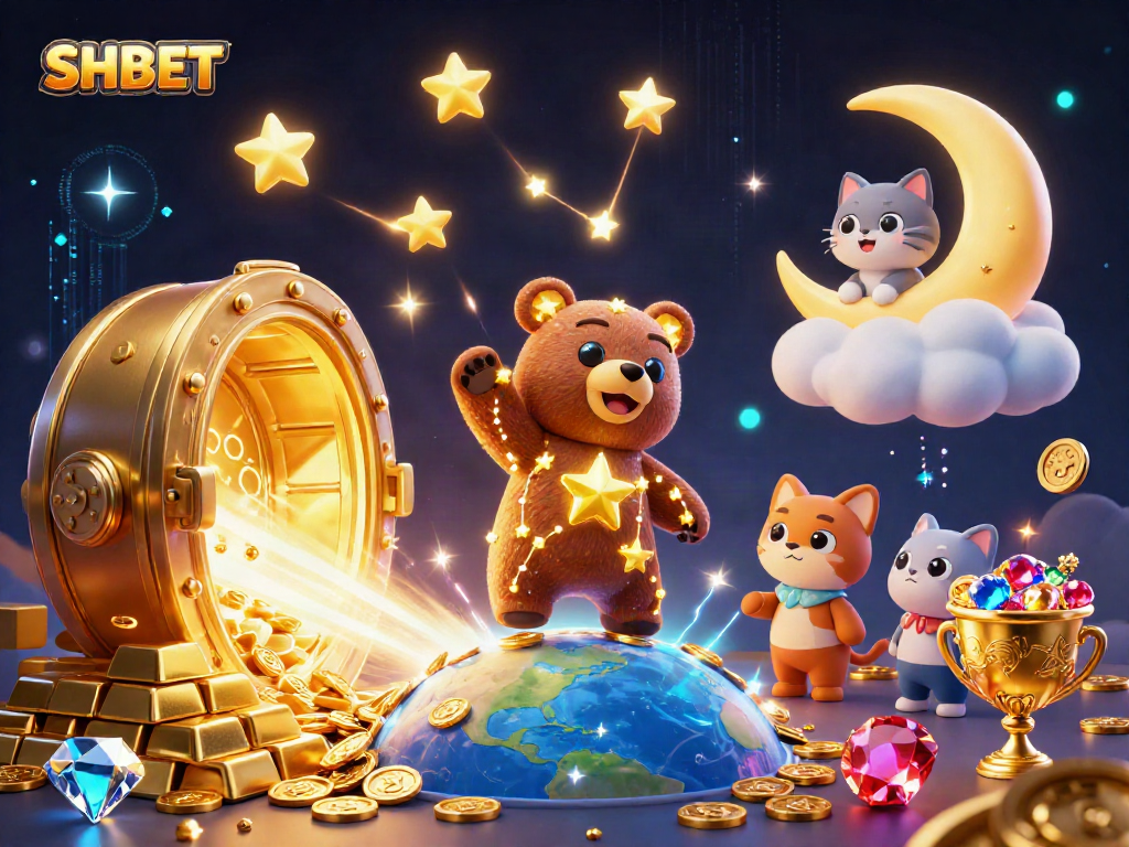 Engage with SHBET's gaming magic, featuring a constellation bear and treasure elements