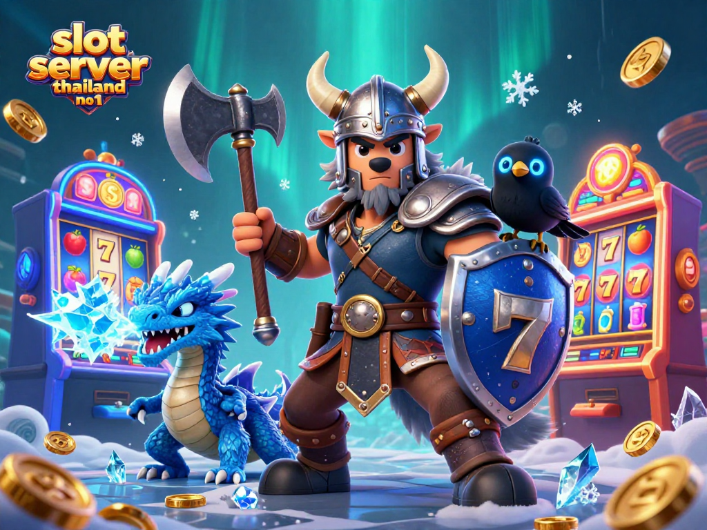 Engage with the thrilling slot server thailand no 1 featuring vivid slot machines, a Viking wolf warrior, and interactive game elements.