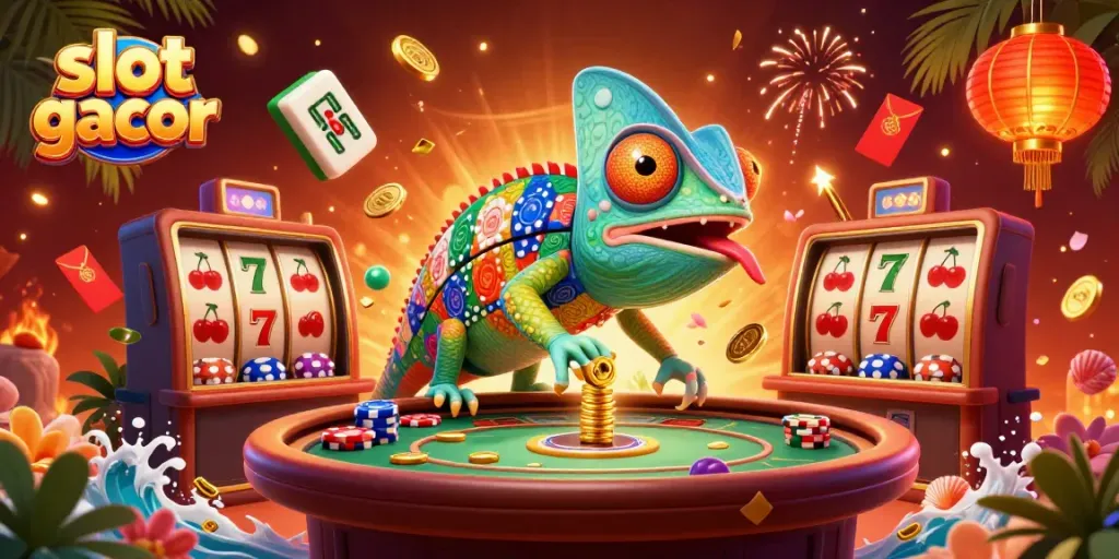 Engage in thrilling slots with slot gacor as a chameleon casino owner attracts winning coins and vibrant visuals.