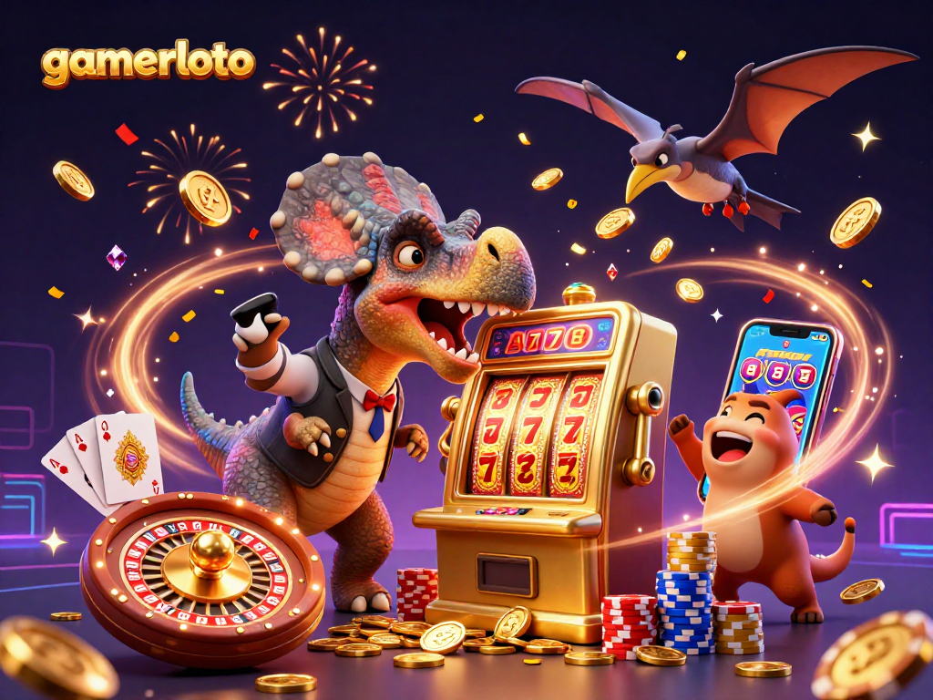 gamerloto's pachycephalosaurus wins jackpot at a slot machine while a casino manager oversees