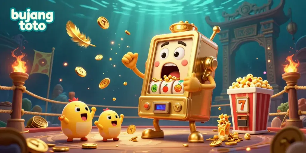 Bujang toto slot machine hitting a jackpot surrounded by cheering mini machines and popcorn, illustrating excitement.