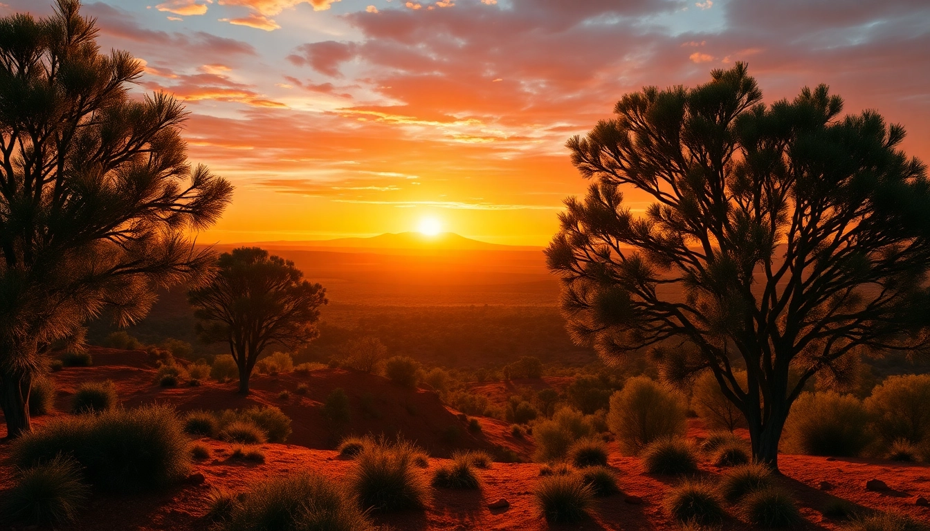 Experience the iconic Australian outback at sunset with rugged landscapes and eucalyptus trees.