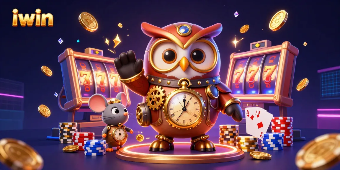 Experience thrilling slots action in iwin's vibrant 3D casino world with time-traveler characters.