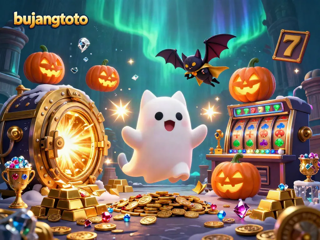 Experience thrilling bujangtoto moments with a ghost cat and treasures in this magical casino scene.