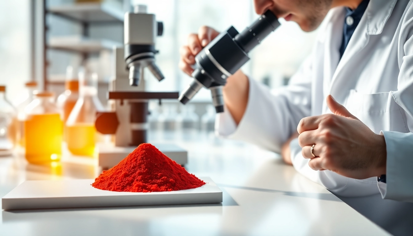 Scientist analyzing astaxanthin explained under natural light in a laboratory setup.