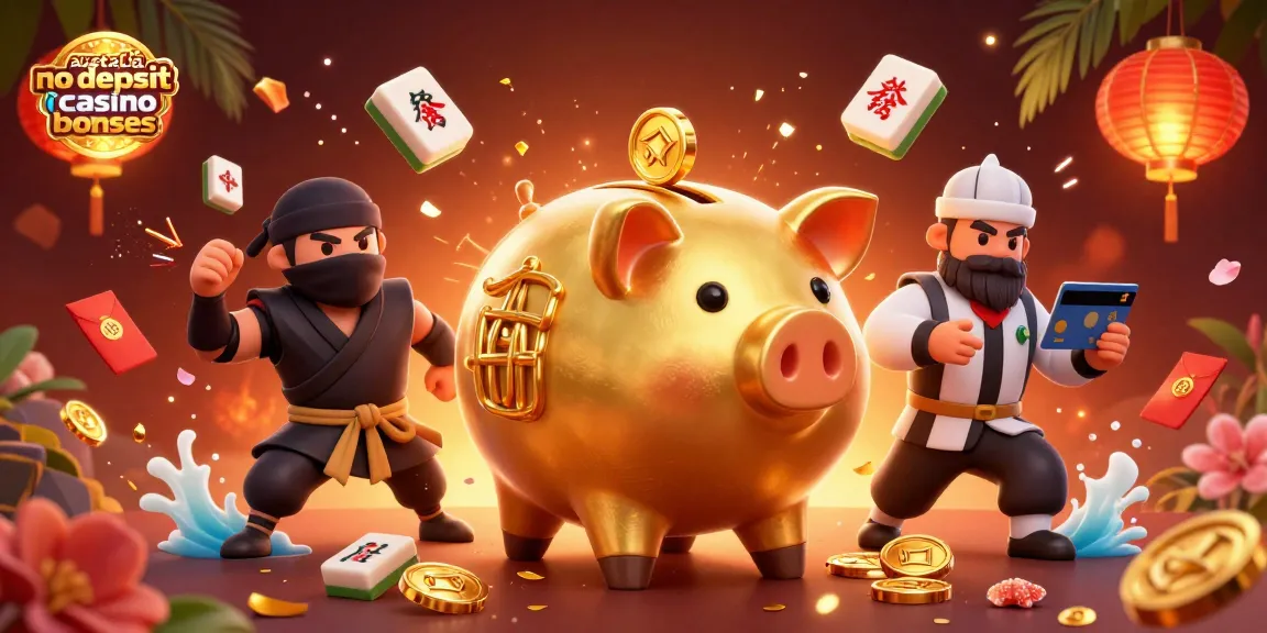australia no deposit casino bonuses showcased in a vibrant 3D illustration with a golden piggy bank hero, coins, and festive elements