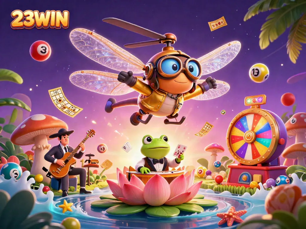 Experience excitement at 23WIN with a dynamic casino scene featuring lively characters and bright game elements.