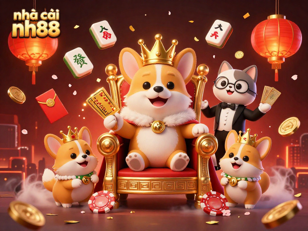 Engage with nhà cái nh88\'s lively gaming scene featuring a royal corgi and luxurious casino elements.