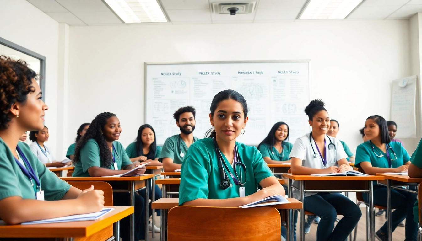 Engaging scene of in person Nclex review in Houston with nursing students collaborating in a bright classroom.