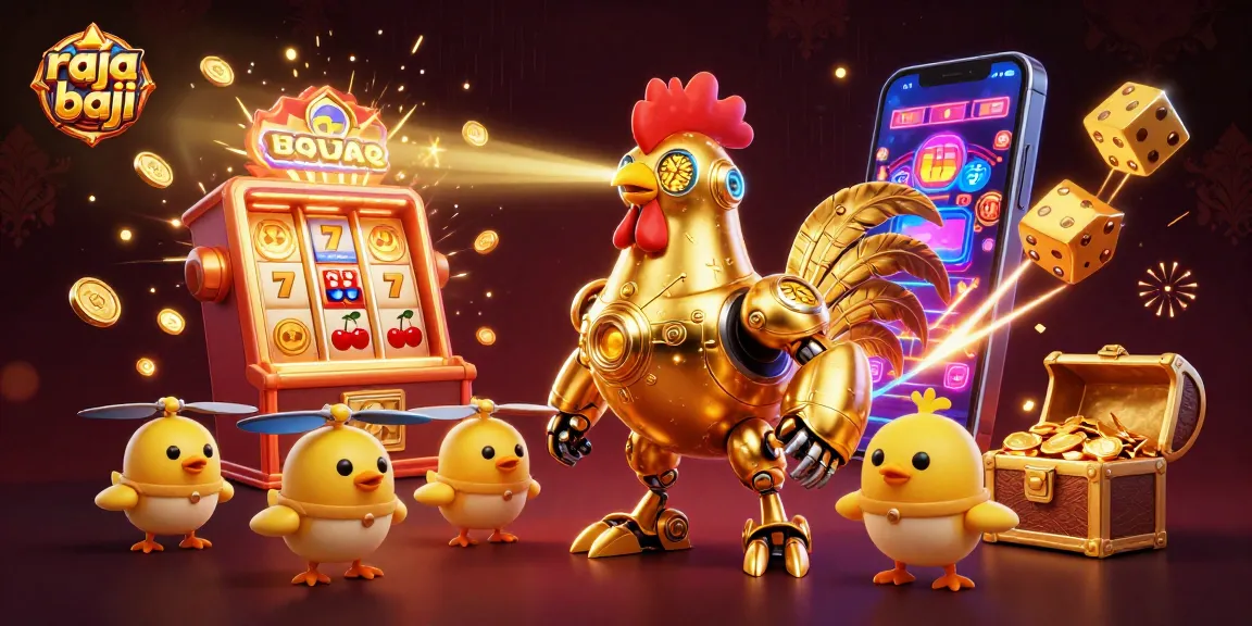 Engage with the raja baji 3D casino adventure featuring golden rooster robot, baby chick drones, and jackpot excitement.