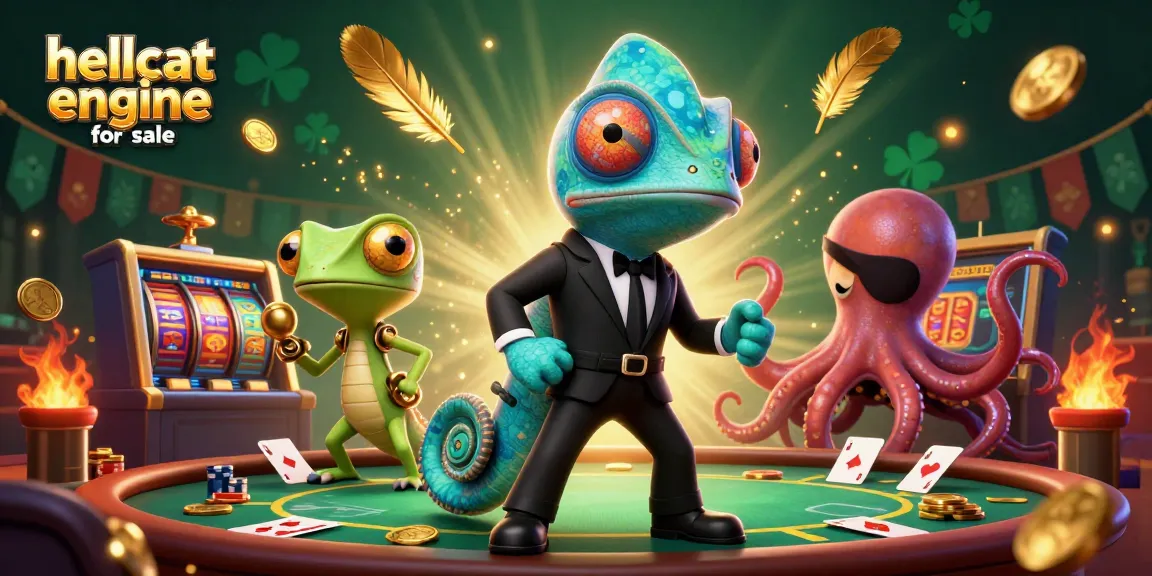 Experience high stakes with our hellcat engine for sale in a dynamic casino scene featuring slot reels and vibrant characters.