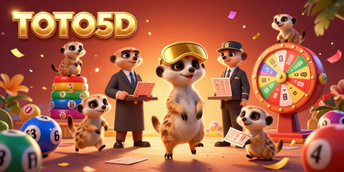 TOTO5D lottery illustration with meerkats running a colorful lottery operation, showcasing vibrant winning scenes.