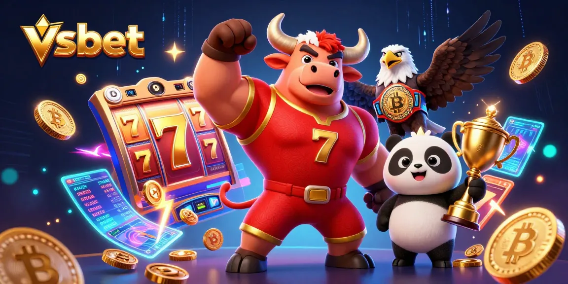 Experience big wins at VSBET with vibrant slots, a victorious bull, and a whimsical panda celebrating triumph.