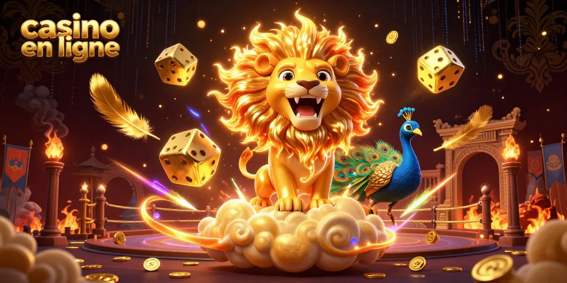 Plongez dans le monde du casino en ligne avec un lion 3D majestueux et des dés dorés.