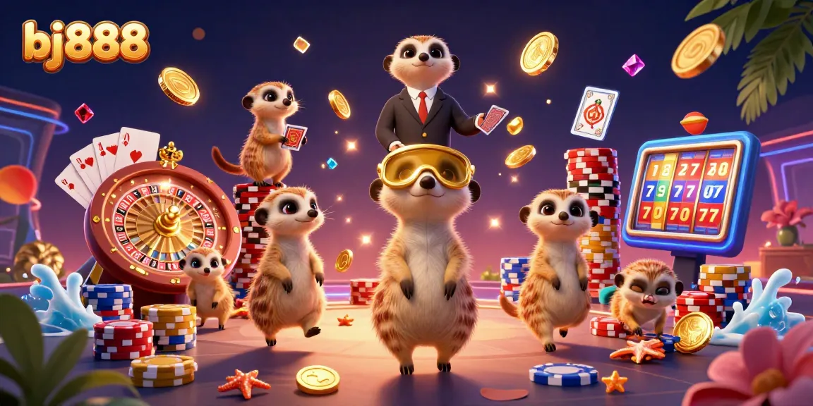 Experience the vibrant gaming atmosphere at bj888 with engaging meerkats in a lively casino scene.
