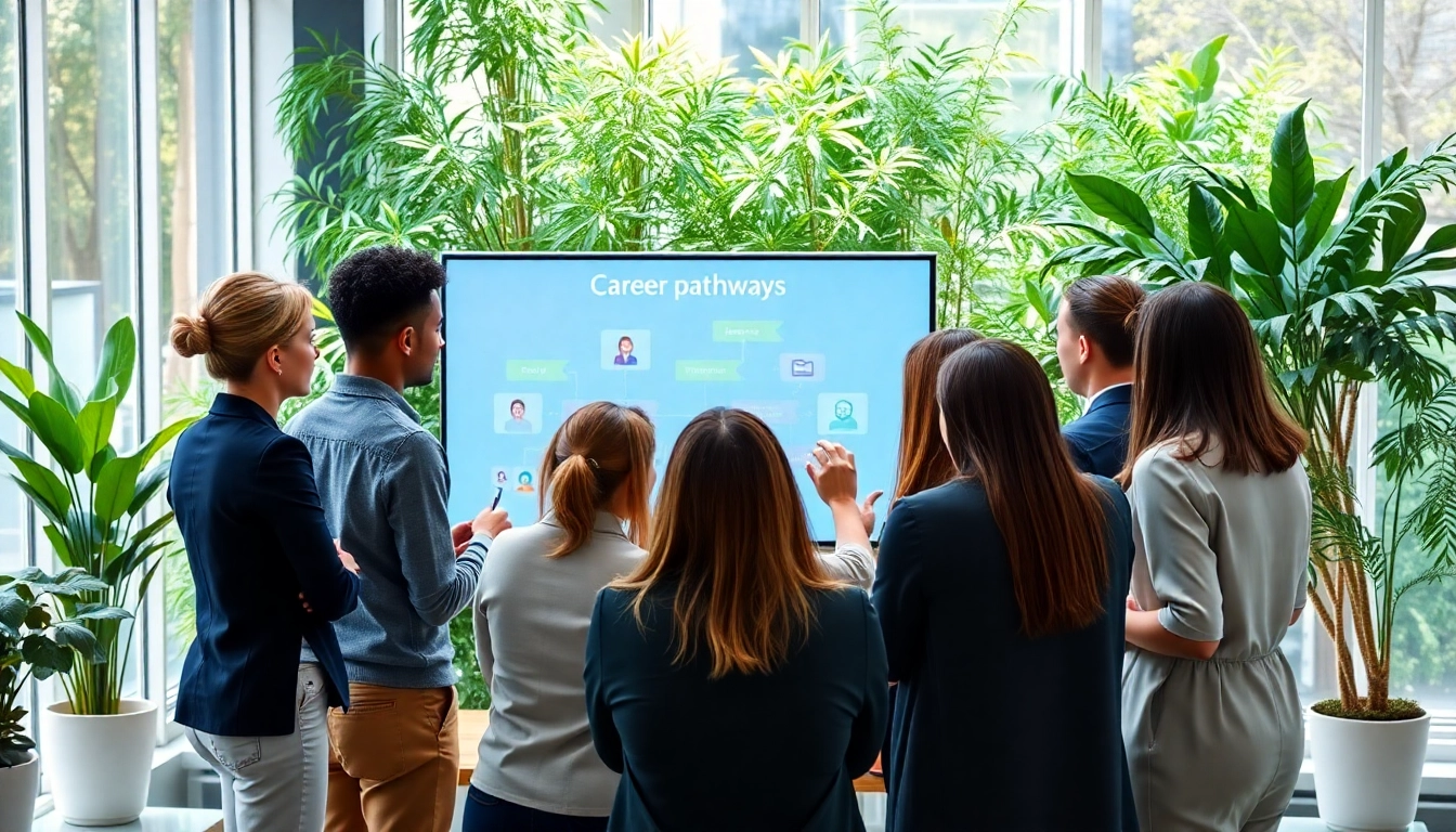 Engaged professionals discovering their Ideal Career in a modern, collaborative workspace.