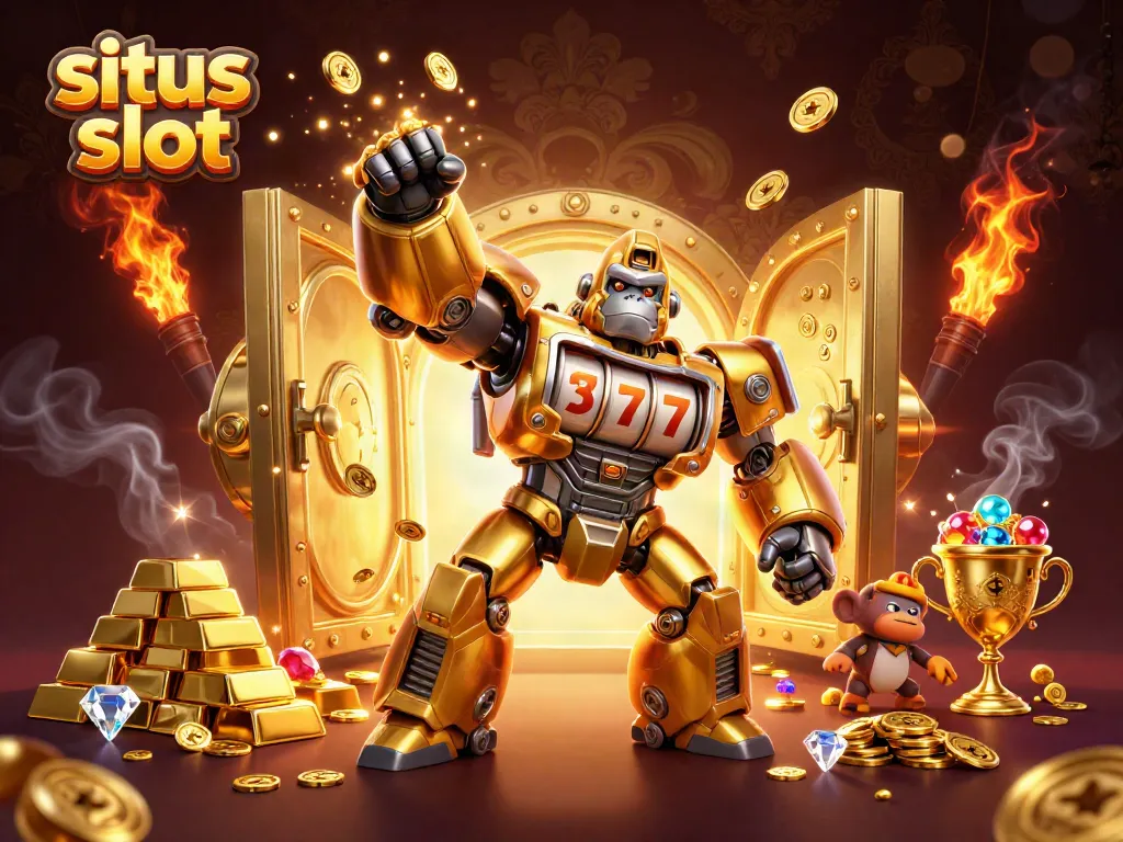 Menangkan situs slot dengan gorila emas mecha, berputar gulungan slot dan koin bersinar
