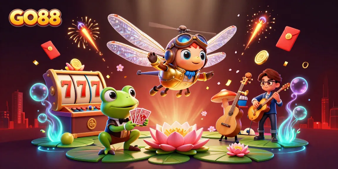 Engaging GO88 casino scene with characters enjoying slot games and vibrant festivities.