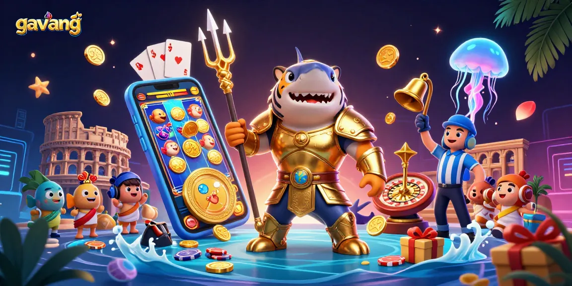 Experience gaming excitement with gavang: a vibrant underwater casino scene featuring a shark gladiator.