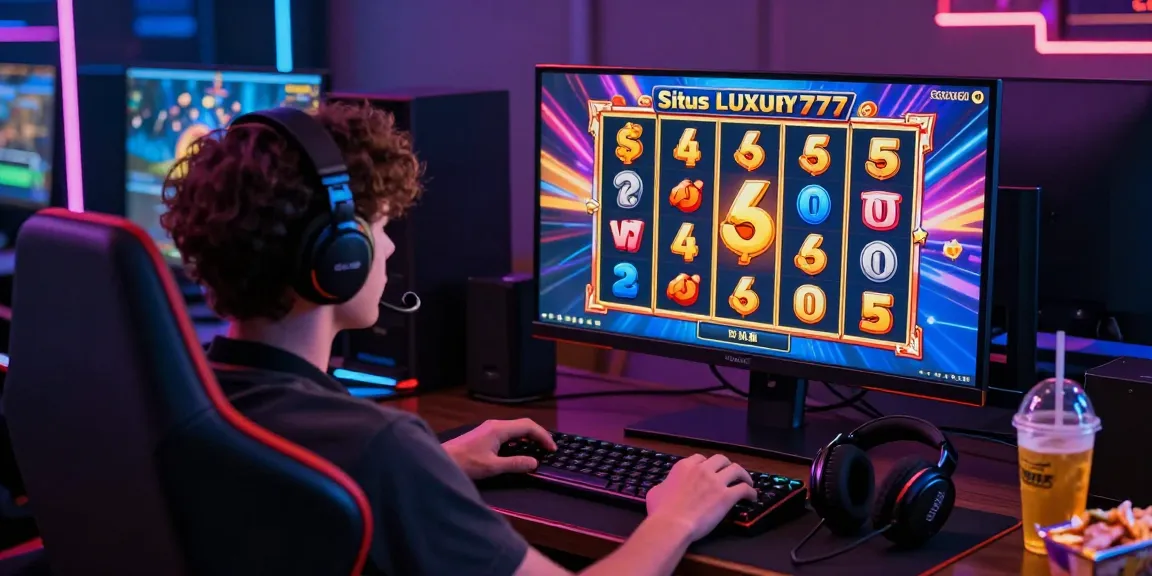 Pengguna Situs LUXURY777 sedang bermain game slot online, dikelilingi suasana gaming modern dengan pencahayaan LED berwarna.