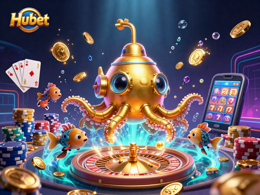 Experience thrilling gameplay at Hubet with an ultra-detailed scene of a gold kraken submarine amidst coins and casino elements