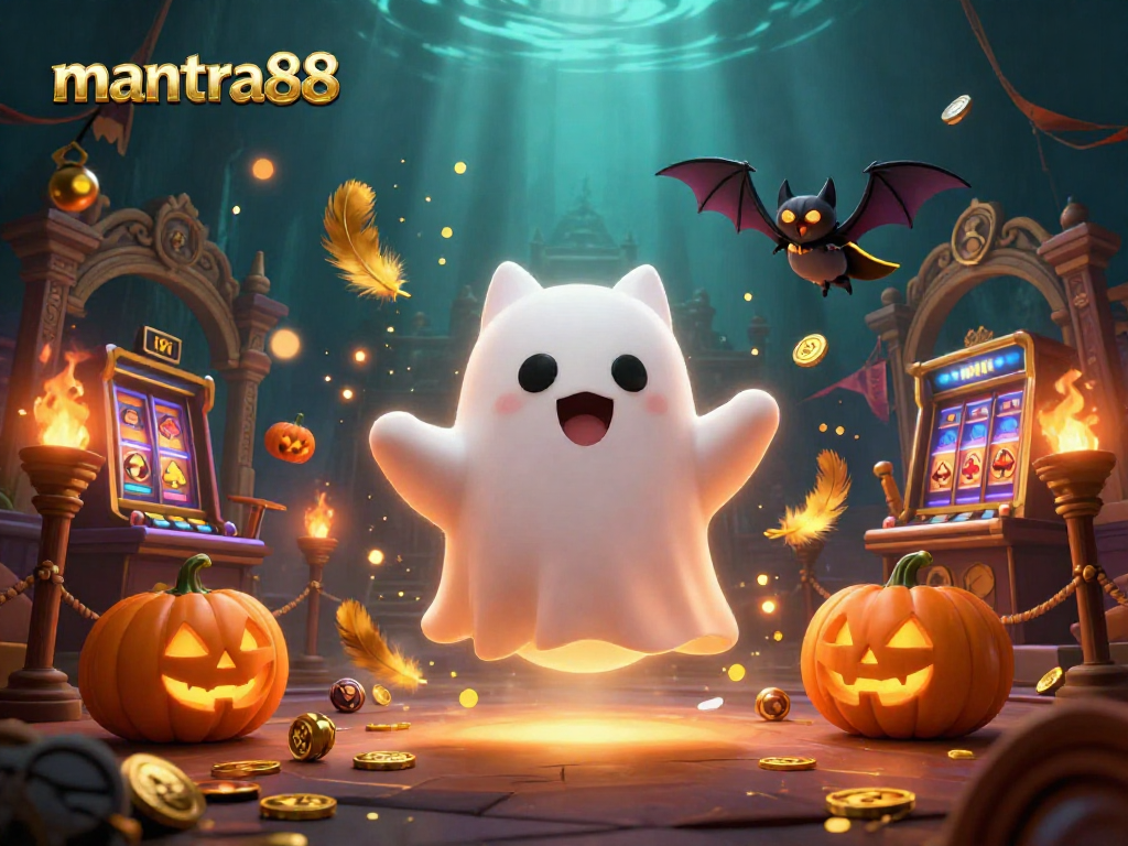 Join the excitement at mantra88 with a ghost cat and vampire bat in a vibrant casino scene.