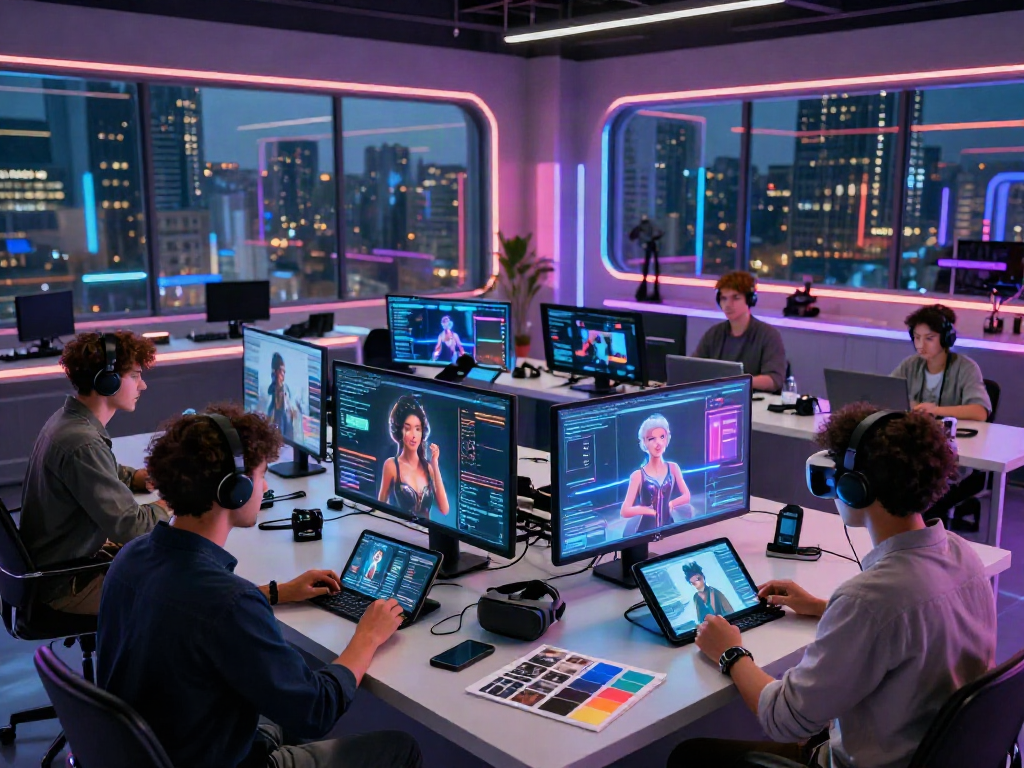 AI porn creators collaborating in a futuristic studio with holographic displays and vibrant neon lights.