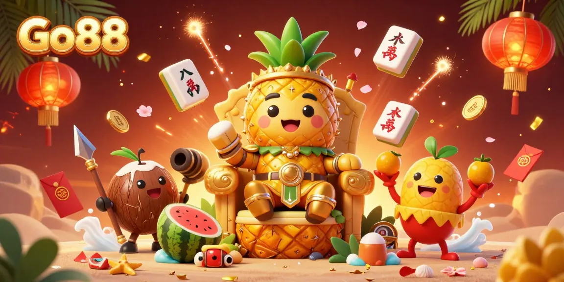 Spin the reels with Go88 at a vibrant casino featuring the golden pineapple king and festive elements.