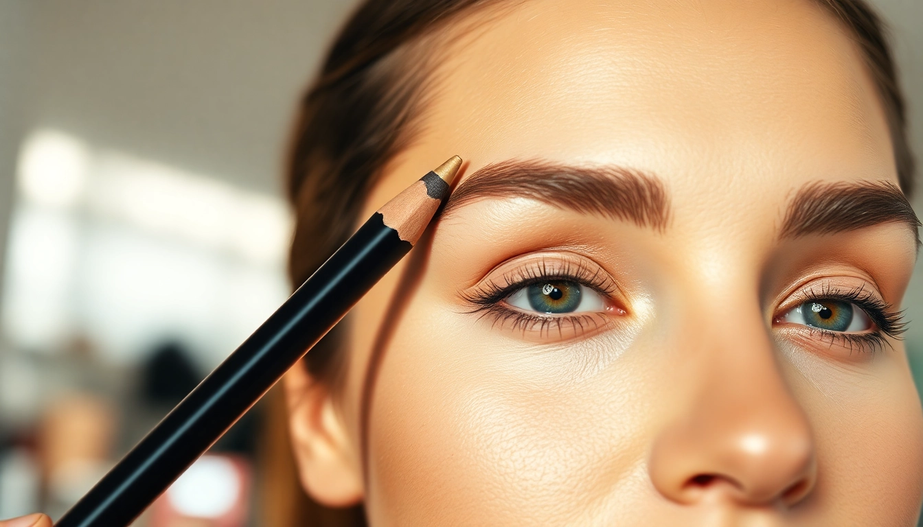 Model displaying flawless pencil eyebrows with precise application in a bright studio setting.